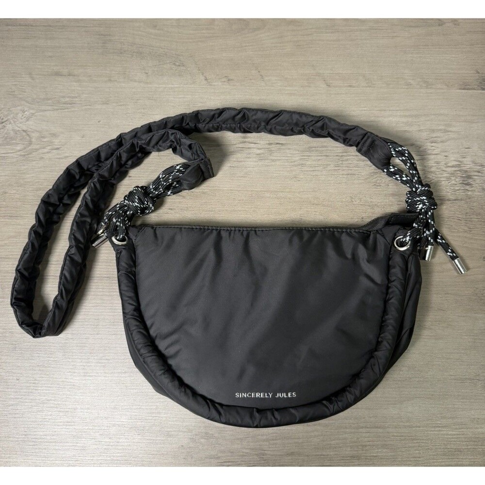 Sincerely Jules Black and Pink Puffer Quilted Bag With Pink Ties Crossbody Purse